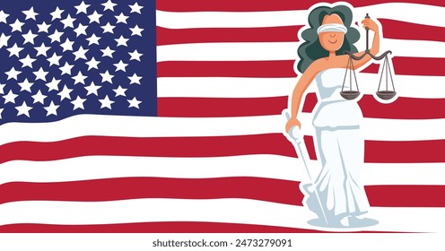 
Lady Justice on an American Flag Vector Cartoon illustration. Concept design of USA legal system and its symbols 
