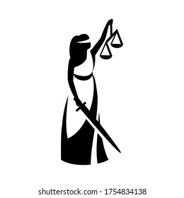 Lady justice. Statue of the blind goddess Themis in a toga with a sword, scales. Vector illustration, icon, logo. The concept of justice, law, justice, courts and lawyers