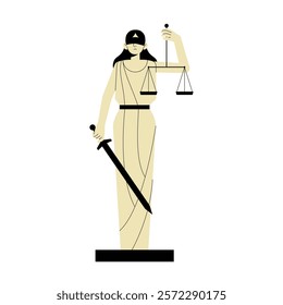 Lady Justice Statue With Sword And Scales In Flat Vector Illustration Symbolizing Law, Justice, And Balance, Isolated On White Background