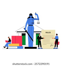 Lady Justice With Sword And Scale In Front Of Courthouse In Flat Vector Illustration Symbolizing Law, Order, And Fairness, Isolated On White Background.