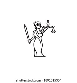 Lady Justice or Themis Femida, blindfolded with beam balance and sword, cartoon character vector line icon. Legal services and law outline symbol.