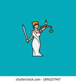 Lady Justice or Themis Femida, blindfolded with beam balance and sword, cartoon character vector illustration for World Day For International Justice. Legal services and law symbol.