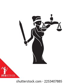 Lady Justice or Themis Femida, blindfolded with beam balance and sword, cartoon character vector glyph icon. Legal services and law symbol.