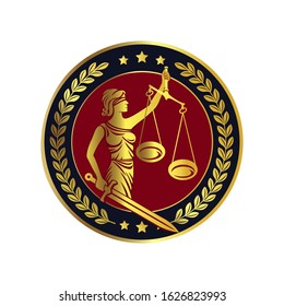 Lady justice, Themis with sword and scales. Femida. Blindfolded lady. Logo or label for law firm. Vector illustration.