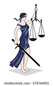 Lady justice. Themis. Vector illustration silhouette of Themis statue holding scales balance and sword isolated on white background. Symbol of justice, law and order.