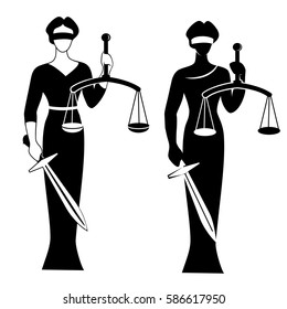 Lady justice. Vector illustration silhouette of Themis statue holding scales balance and sword isolated on white background. Symbol of justice, law and order.