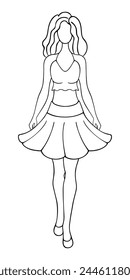 The lady keeps pace. Sketch. Vector illustration. A beautiful woman wears a short top with one strap around the neck and a full flared skirt. A girl with wavy hair and long legs. Doodle style. 