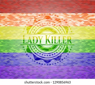 Lady Killer emblem on mosaic background with the colors of the LGBT flag