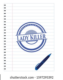 Lady Killer pen effect. Blue ink. Vector Illustration. Detailed.