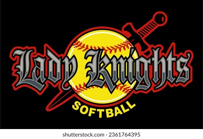 lady knights softball team design with sword and ball for school, college or league sports