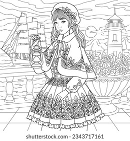 Lady with a lantern near the lighthouse. Adult coloring book page.