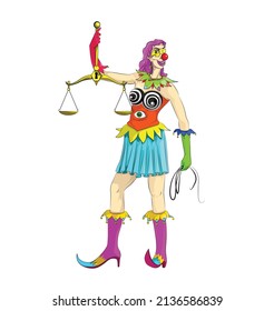 Lady law, funny caricature, clown lady, law concept, irony.
