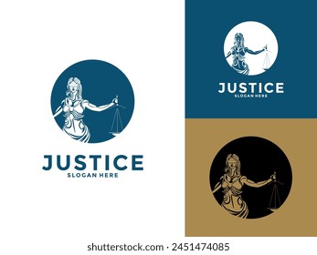 Lady Law Icon Vector, Lady law with a sword of justice and weights in her hands logo template