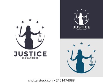 Lady Law Icon Vector, Lady law with a sword of justice and weights in her hands logo template