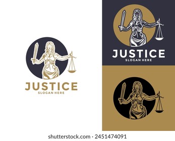 Lady Law Icon Vector, Lady Law con una espada de justicia y pesas en sus manos logo Plantilla