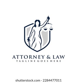 lady law logo concept with shield element. Attorney,  justice design template. Law symbol. Vector illustration