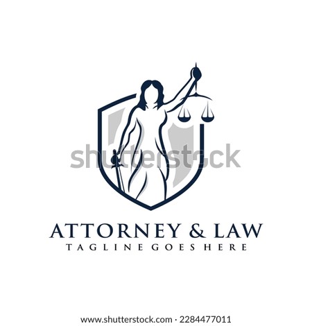 lady law logo concept with shield element. Attorney,  justice design template. Law symbol. Vector illustration