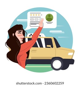 Lady leaving feedback about trip and driver. Happy client arrived to destination. Ordering taxi online via modern gadget concept. Flat vector illustration in green colors in cartoon style