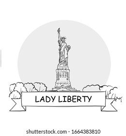 Lady Liberty Cityscape Vector Sign. Line Art Illustration with Ribbon and Title.