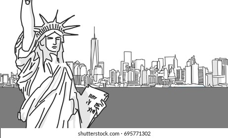 Lady Liberty Vector Drawing and New York City Skyline, hand drawn Panorama Sketch in landscape format