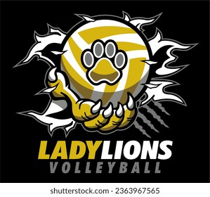 lady lions volleyball design with claw holding ball and ripping through background for school, college or league sports