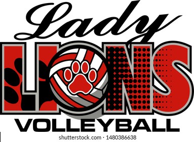 lady lions volleyball team design with ball and paw print for school, college or league