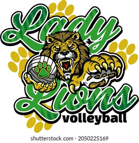 lady lions volleyball team design with mascot and ball for school, college or league