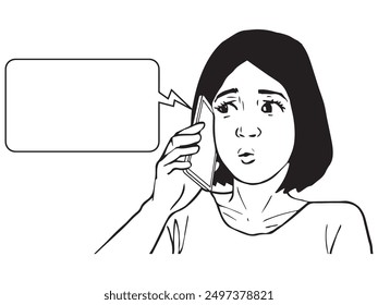 A lady listening to her cellphone and looks confused. Illustration in black and white and vector format.