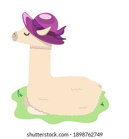 Lady llama in a hat lying on the grass. Cute character in cartoon style isolated on white background.Vector.