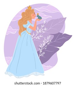 Lady in long dress with crown on head kissing frog, princess and toad fairy tale. Breaking curse, enchanted prince turned into amphibian. Personal or stories for children. Vector in flat style