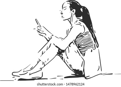 The lady with a long pony tail hair is having time with her smartphone while she sat on the floor with bend knee wearing shoes and a sling bag.