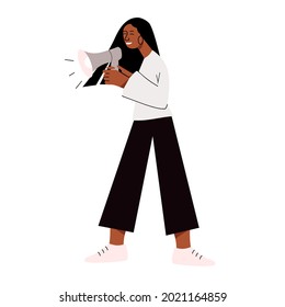 Lady with loudspeaker isolated on white. Warning announcement Vector Illustration.