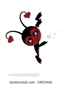 Lady love bug peeping around the side of a blank sign (white rectangle) blowing heart shaped kisses. Individually grouped so could be placed on the side of any rectangular shape.