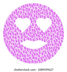 Lady love smiley collage of dollar symbols and spheric dots. Vector money signs are combined into lady love smiley shape.