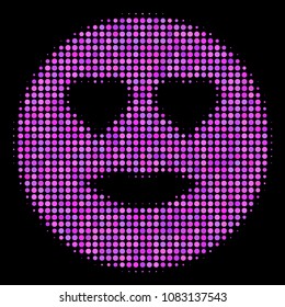 Lady love smiley halftone vector icon. Illustration style is pixelated iconic lady love smiley symbol on a black background. Halftone structure is build from round pixels.