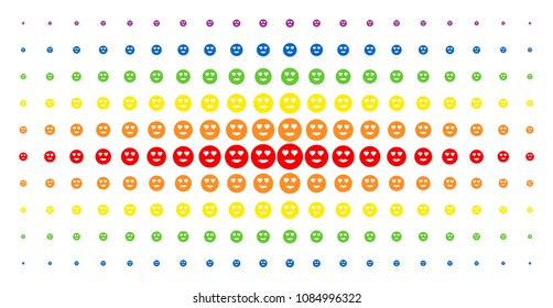 Lady love smiley icon rainbow colored halftone pattern. Vector lady love smiley symbols are organized into halftone matrix with vertical spectral gradient. Constructed for backgrounds, covers,