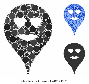 Lady love smiley map marker composition of small circles in various sizes and color tones, based on lady love smiley map marker icon. Vector small circles are composed into blue composition.