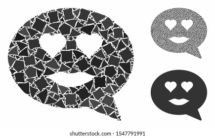 Lady love smiley message composition of rough parts in variable sizes and color hues, based on lady love smiley message icon. Vector tuberous parts are united into composition.