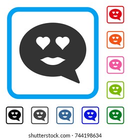 Lady Love Smiley Message icon. Flat gray iconic symbol in a blue rounded rectangular frame. Black, gray, green, blue, red, orange color versions of Lady Love Smiley Message vector.