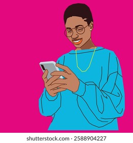 lady in low cut hair reading her mobile phone messages