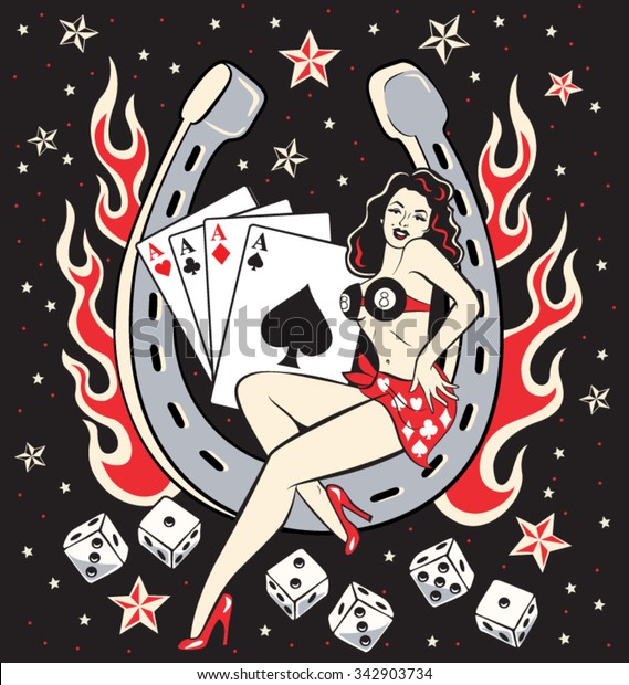 Lady Luck pinup lady sitting in a horseshoe with
lucky rockabilly flames and dice and a black night sky background
with stars.
