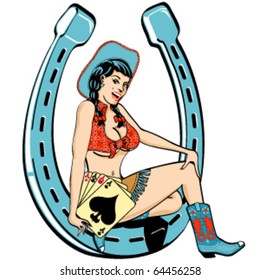 Lady luck or sexy cowgirl holding a poker hand of four of a kind playing cards which include four aces in all four suits of diamonds, clubs, hearts and spades.