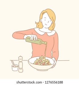 Lady making her salad and adds olive oil in line style