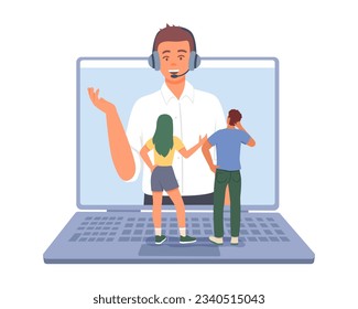 Lady and male standing on laptop and talking with virtual consultant. Customer service with virtual consultant. Client support department. Flat vector illustration in cartoon style in blue colors