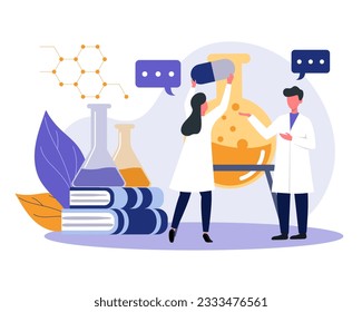 Lady and man in white coat working in laboratory. Scientists standing near test tubes and add reagents. Analysis and testing in laboratory. Flat vector illustration in blue and yellow colors