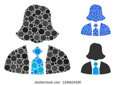 Lady manager composition of circle elements in various sizes and color hues, based on lady manager icon. Vector small circles are composed into blue composition.