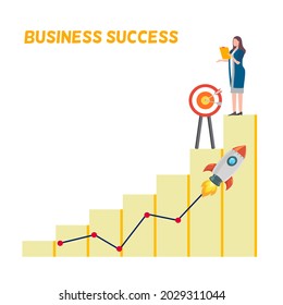 A lady marketer stand on top of stairs graph reading information about business above the target, with elements of stairs graph and rocket, successful business concept