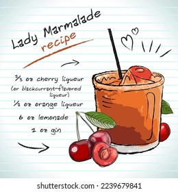 Lady Marmalade cocktail, vector sketch hand drawn illustration, fresh summer alcoholic drink with recipe and fruits