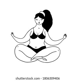 The lady meditates in the lotus position. Black and white drawing. Vector illustration.