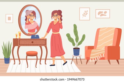 Lady in mirror. Pretty woman specular reflect in room interior, dressing table with cosmetics, try fashion clothes and do make up, cozy comfortable environment. Vector cartoon concept